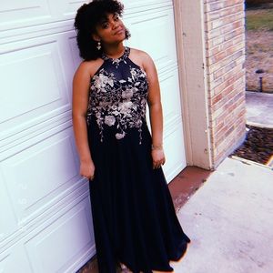 Floor length Navy Blue and Gold gown